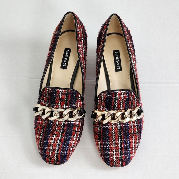 Nine West Red Plaid Slip-on Block Heel Loafers Shoes Size 8 - Picture 3 of 11